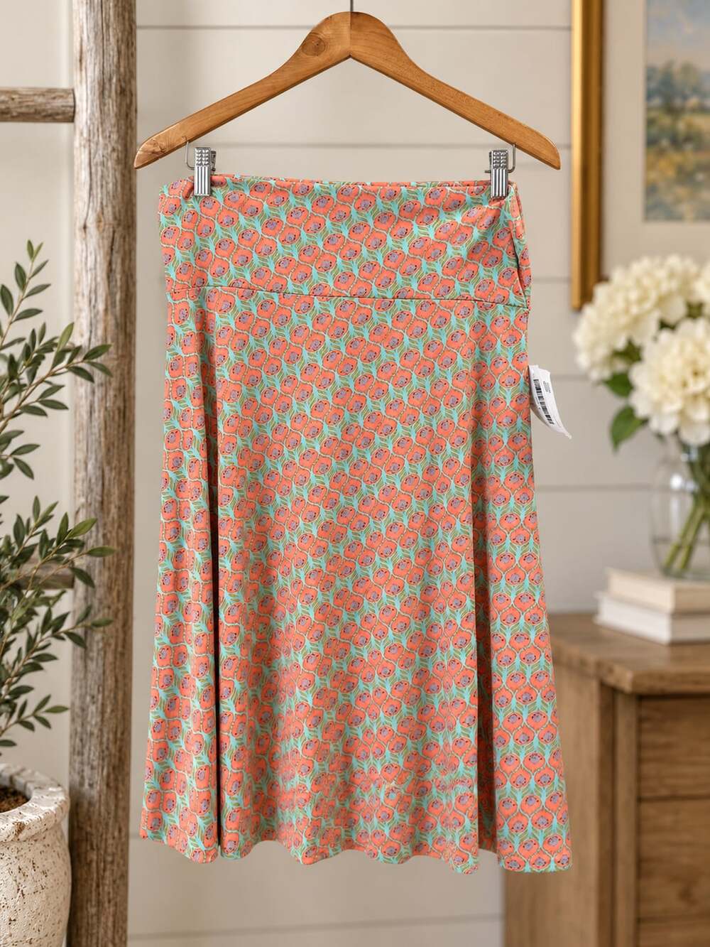NWT Lularoe Azure Skirt Size L Coral Blue Floral A-Line